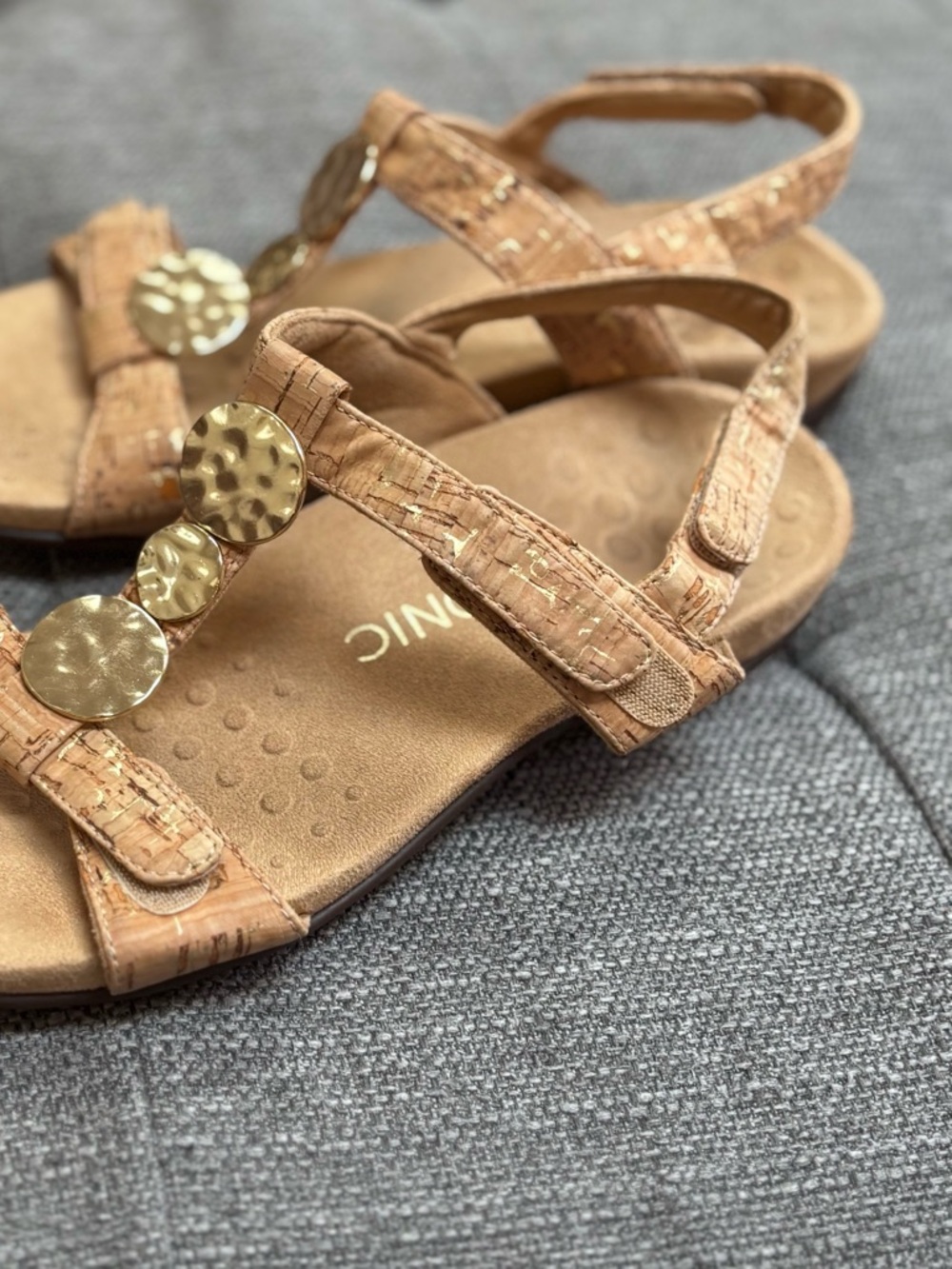 Vionic Tan Cork-Textured Slingback Sandals with Gold Disc Accents - Picture 2 of 10